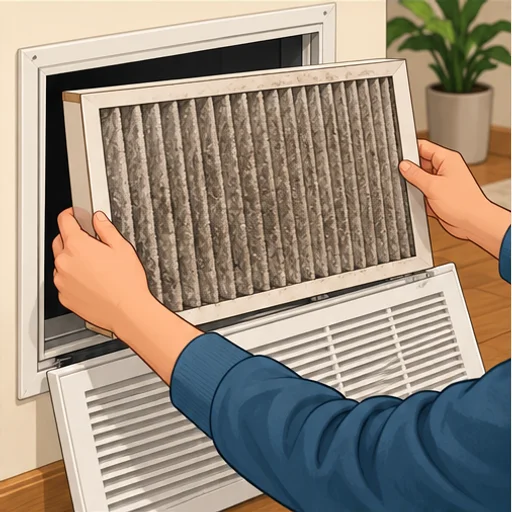 Dusty pleated filter being removed from a return grille.