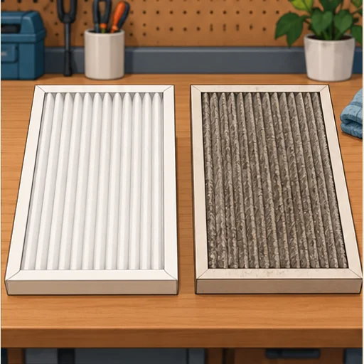 A clean replacement pleated filter next to a dirty filter of the same size.