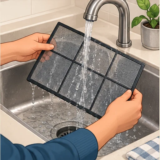 A removable washable mesh screen being rinsed gently in a sink.