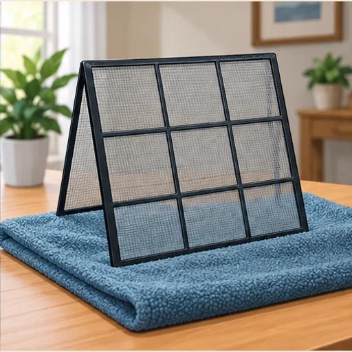 Washed mesh screens air-drying upright on a towel.
