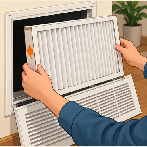 A clean pleated filter returning to its grille with the airflow arrow toward the duct.