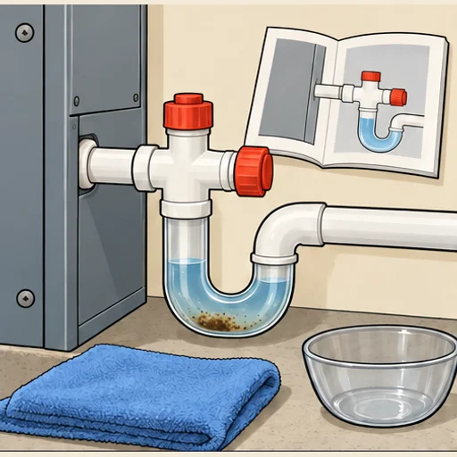 External clear condensate trap beside a closed air handler, with its instruction booklet.