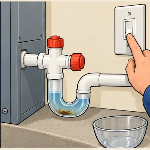 Hand operating a dry equipment power switch, with a towel and container ready.