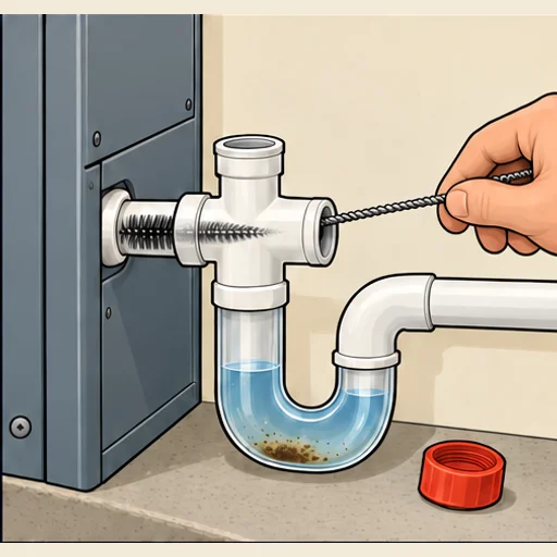 Brush entering the second service port toward the pan outlet without opening the cabinet.