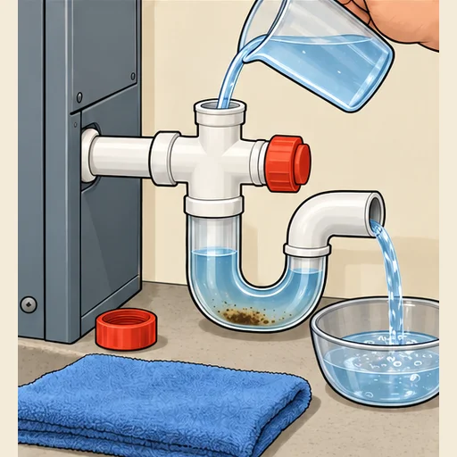 Clean water poured through the upper opening, with the side cap closed and drainage shown at an outlet.