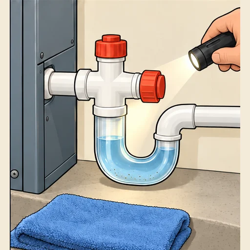 Both original service caps refitted and the clear water-filled trap inspected for leaks.